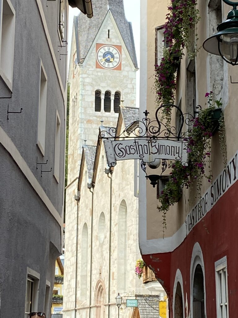 Side street view of church in Hallstatt, Austria